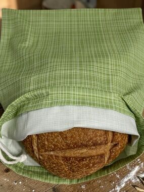 Green Plaid Linen Bread Bag, Reusable Bread Storage Bag, Drawstring Bread Bag